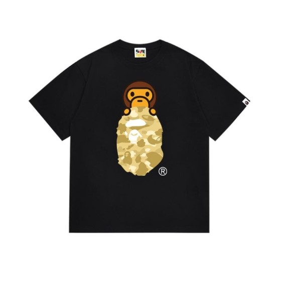Black BAPE T-Shirt with Beige Camo Ape Head and Baby Milo